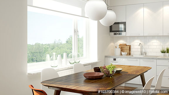 3D rendering of a modern light colored kitchen